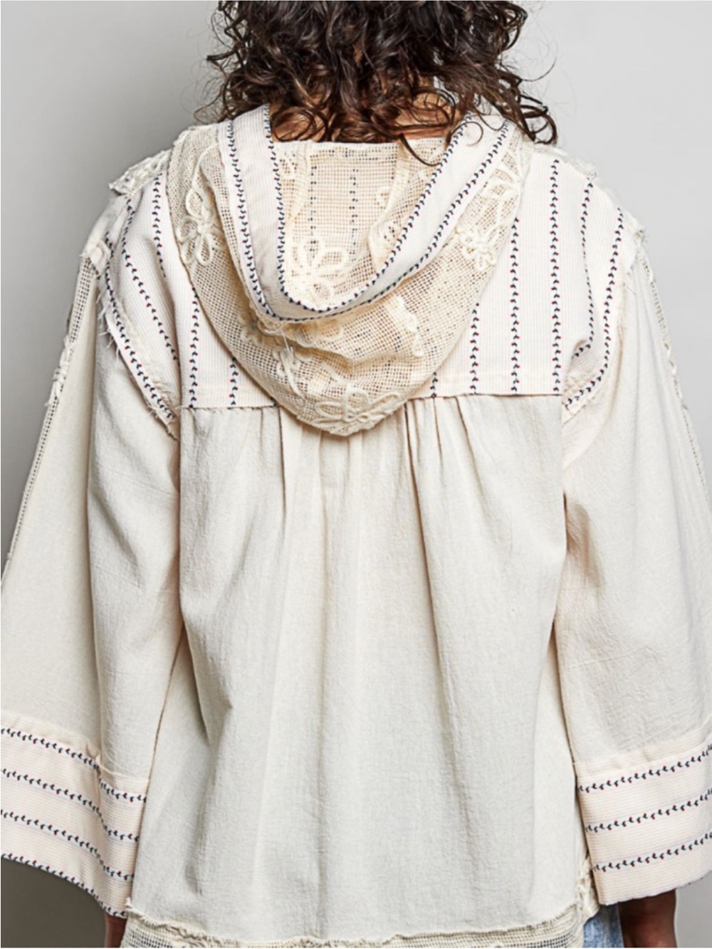 POL Natural Floral Embroidered Semi-Sheer Cotton Boho Hoodie - Picture 3 of 6